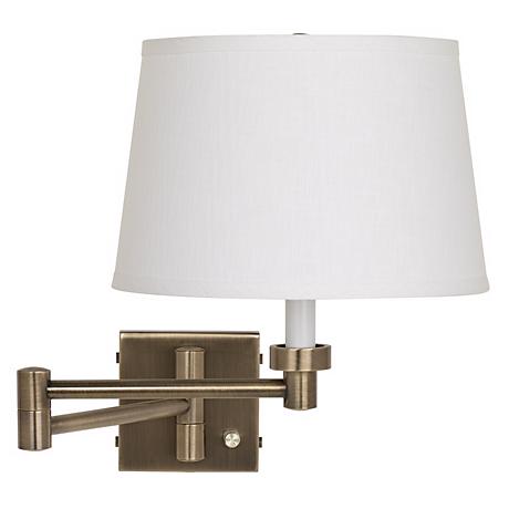 Antique Brass with White Linen Shade Plug-In Swing Arm Wall Lamp - #37857-K4850 Lamps Plus