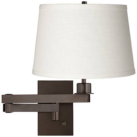 White Linen Shade Bronze Plug-in Swing Arm Wall Lamp - #5D685-K4850 Lamps Plus