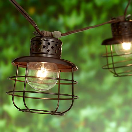 Cage Lantern Brown 10-Light Outdoor String Light Set - #9T903 Lamps Plus