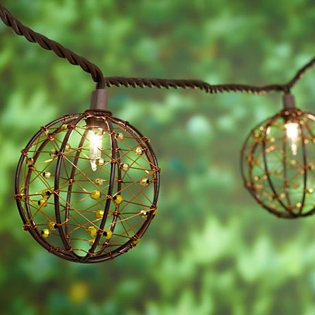 Rattan Metal Cage Gold 10-Light Outdoor String Light Set - #9T925 Lamps Plus
