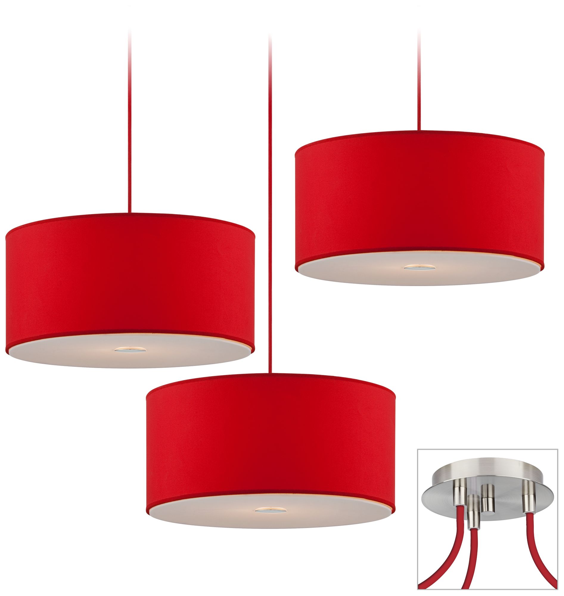 Possini Euro Red Shade Brushed Nickel Triple Light Pendant