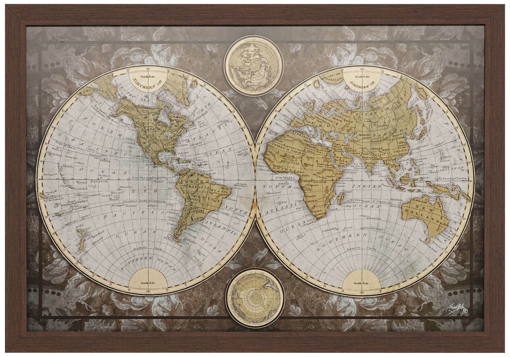 World Map 39" Wide Rectangular Giclee Framed Wall Art