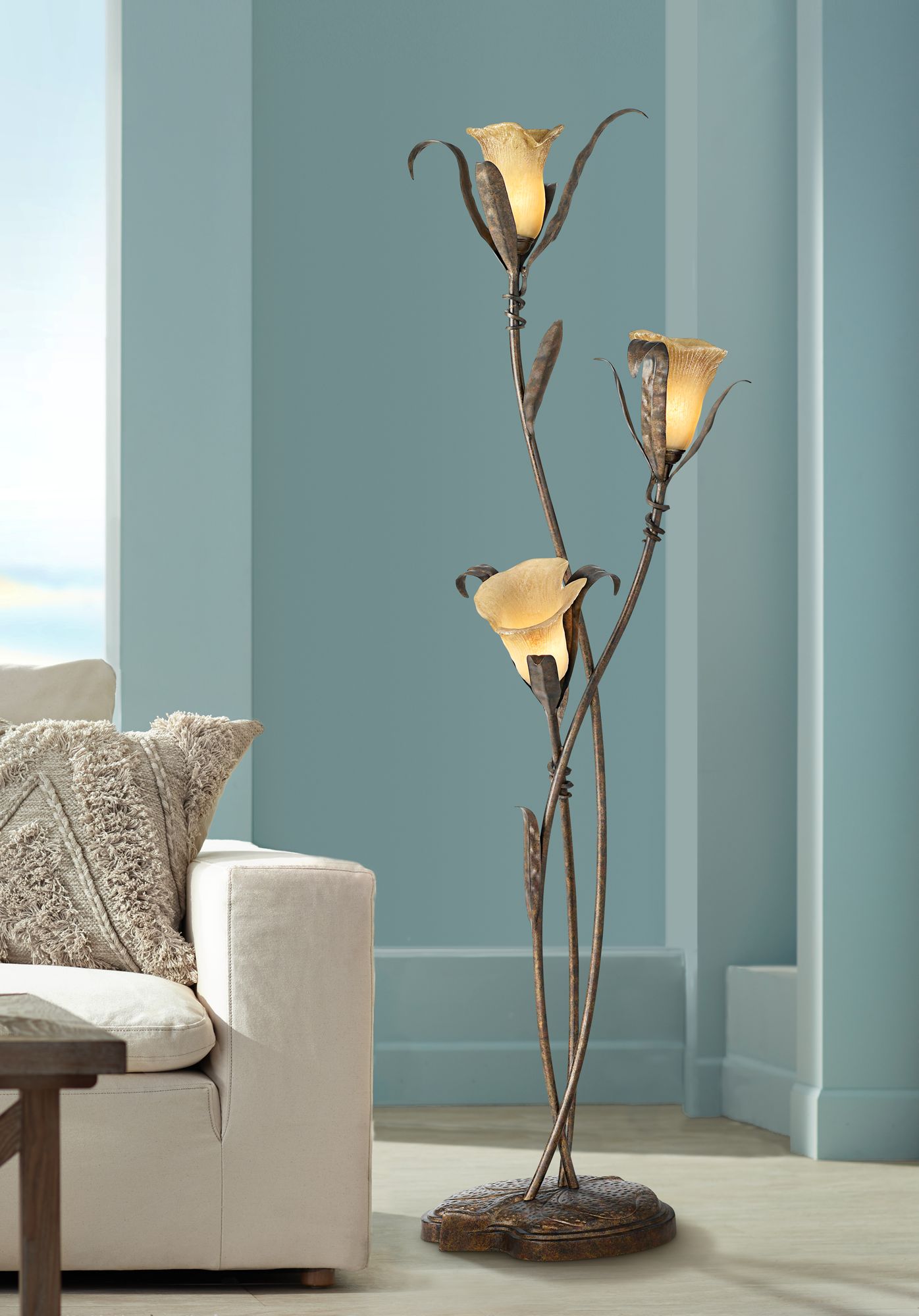 Artistic Floor Lamp Bronze Lily Shaped Glass Flower Lights For Living