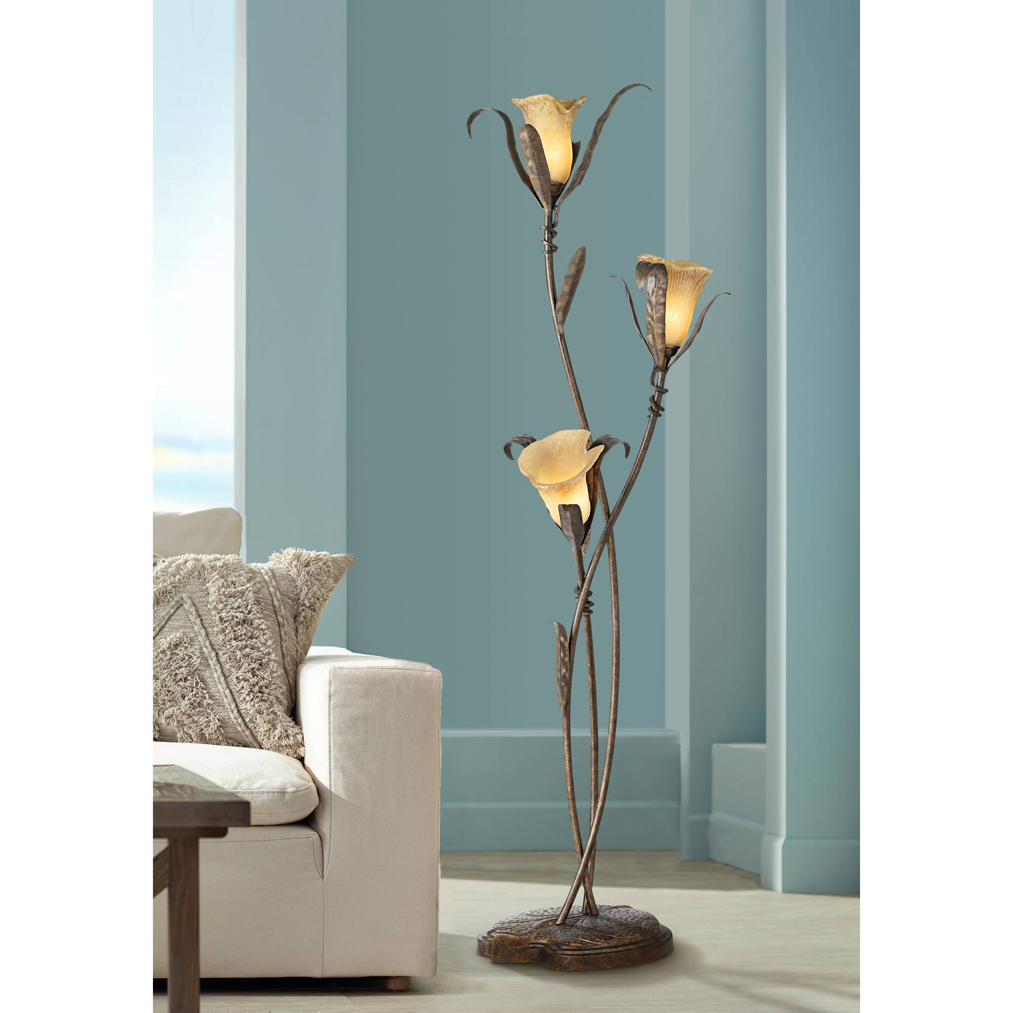 Artistic Floor Lamp Bronze Lily Shaped Glass Flower Lights For Living