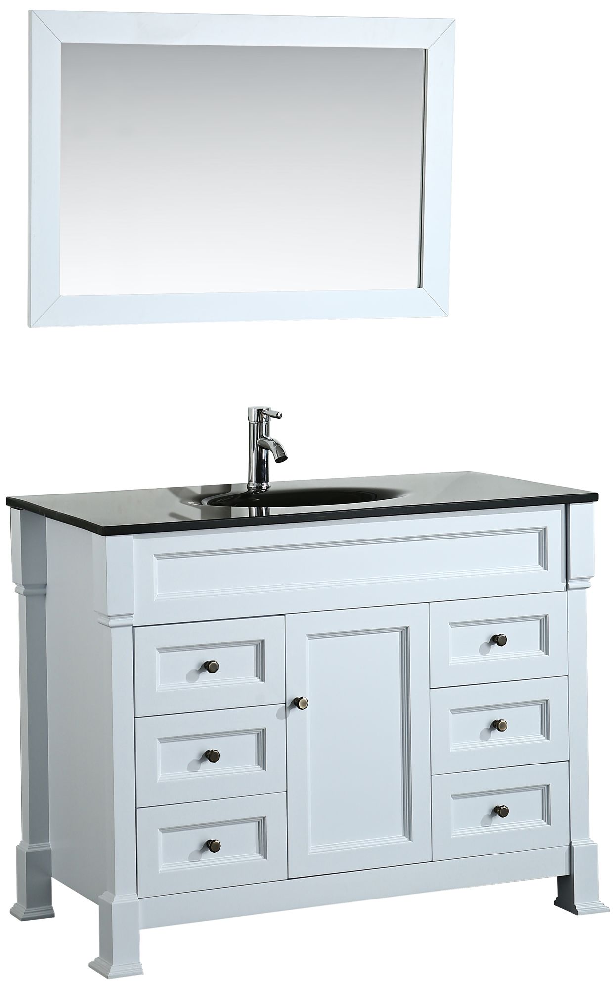 Bosconi 43" White 6-Drawer Black Glass 1-Sink Vanity Set