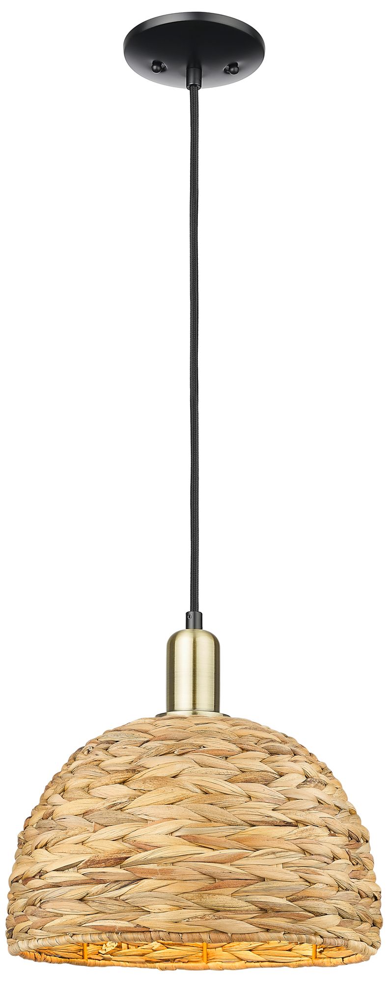 Innovations Lighting Arcadia Woven Rattan 12"w Black Antique Brass Cord Hung Mini Pendant