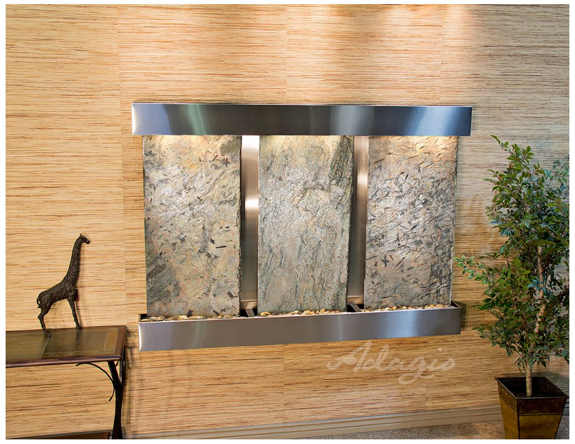 Olympus Falls 54" Green Slate & Steel Modern Wall Fountain