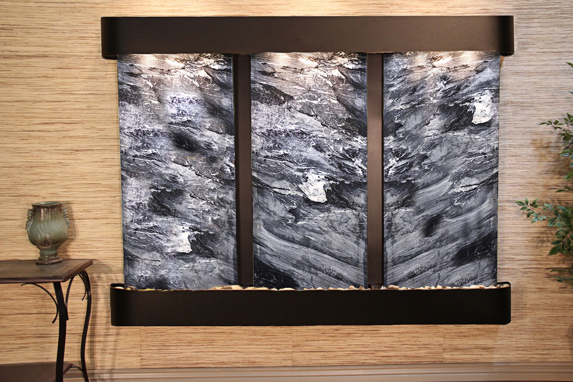 Deep Creek Falls 91"W Blkened Blk Marble Fountain-Rnd Edges