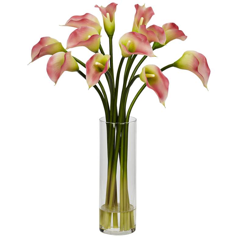 Pink Mini Calla Lily 20&quot; High Faux Flowers in Glass Vase