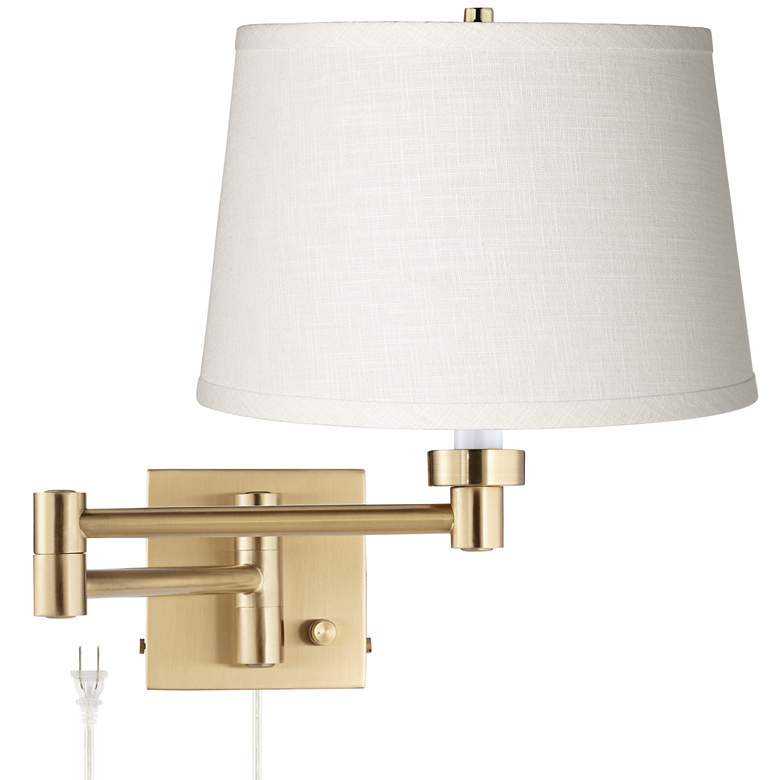 Image 2 Alta Square White Linen and Antique Brass Plug-In Swing Arm Wall Lamp