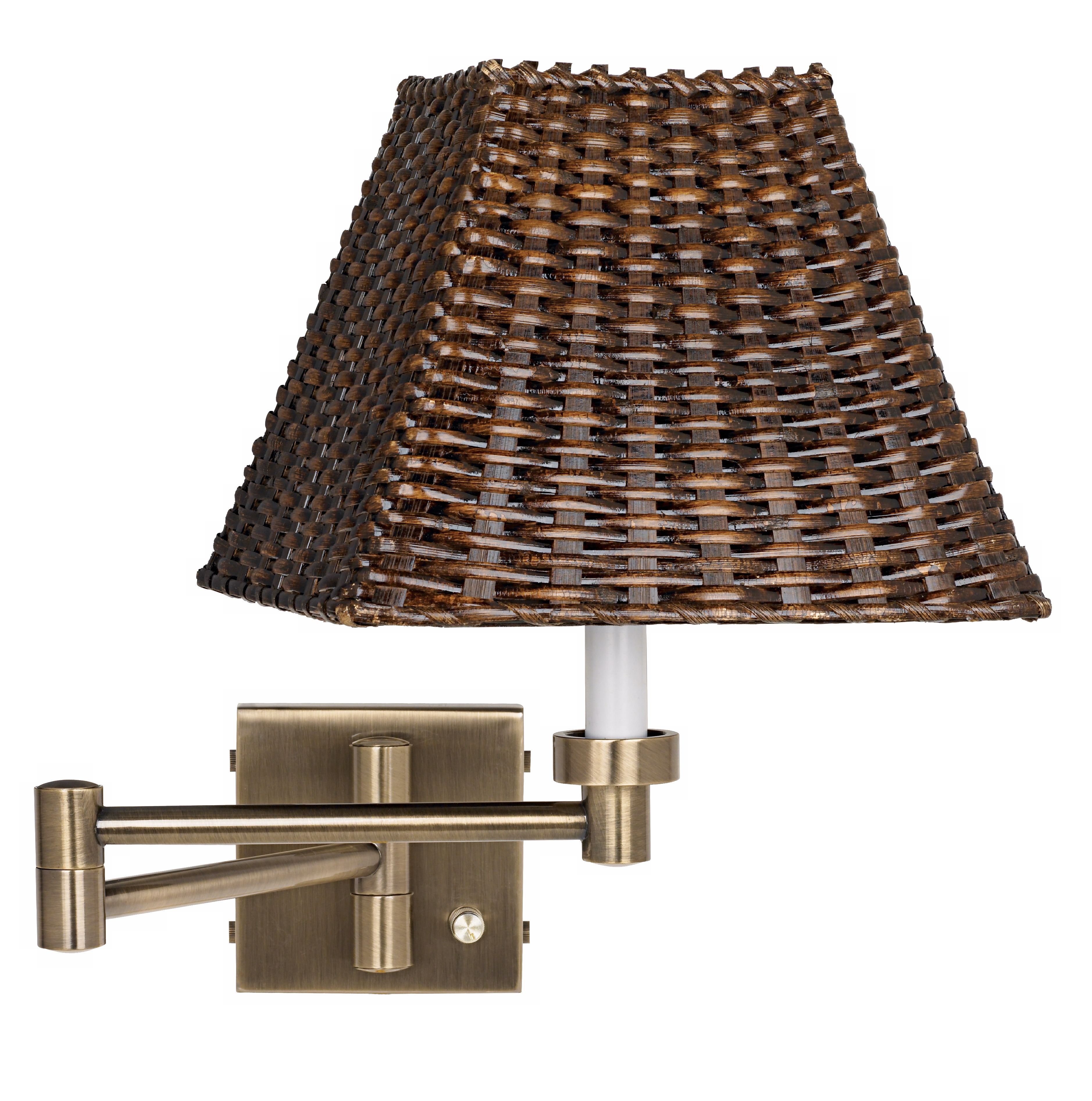 Brown Wicker Shade Antique Brass Plug-In Swing Arm Wall Lamp