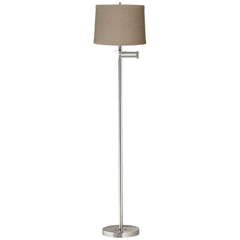 Image 1 Natural Linen Brushed Nickel Swing Arm Floor Lamp