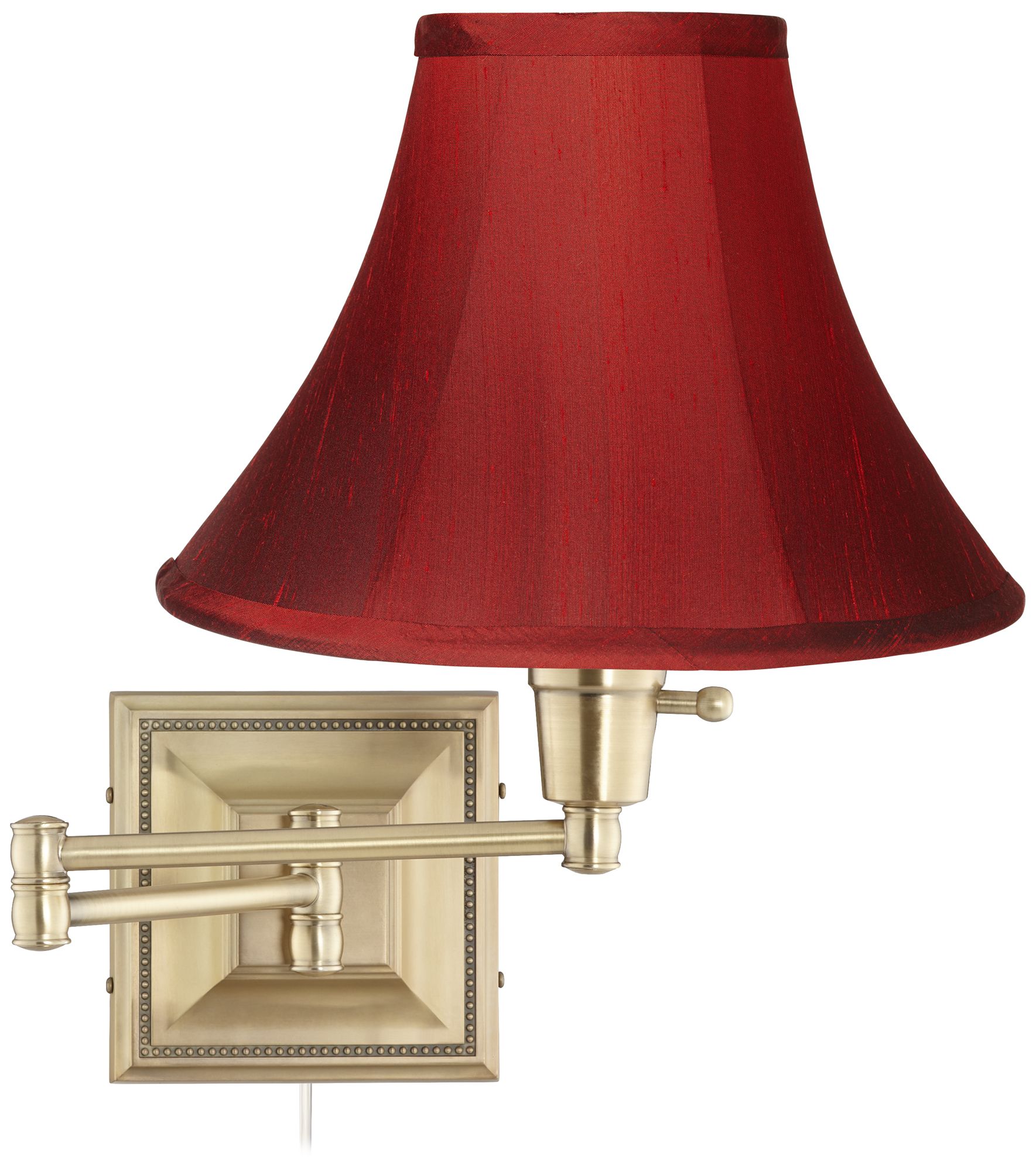 Brass with Red Dupioni Silk Shade Plug-In Swing Arm Wall Lamp