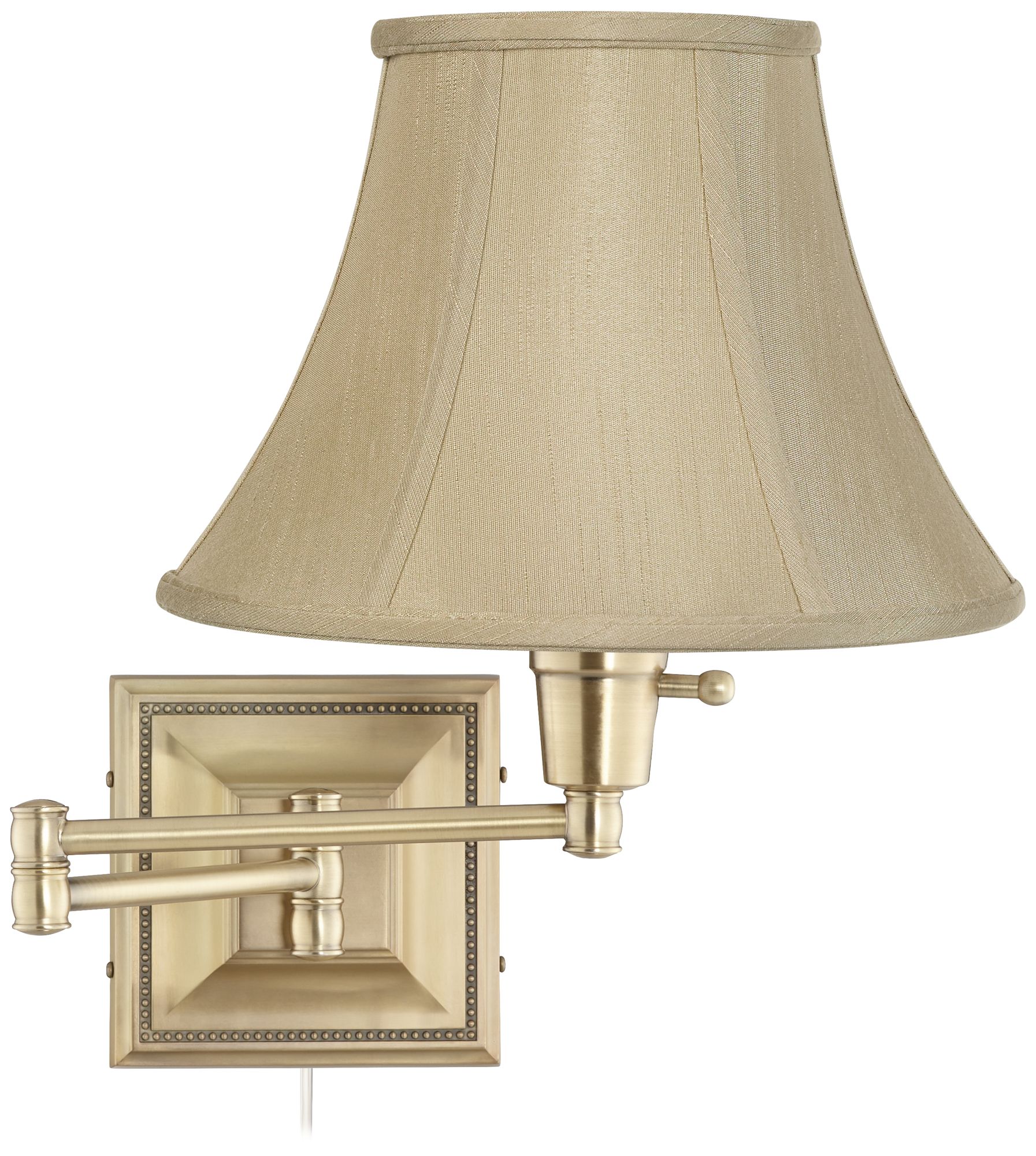 Taupe Bell Shade Brass Beaded Plug-In Swing Arm Wall Lamp