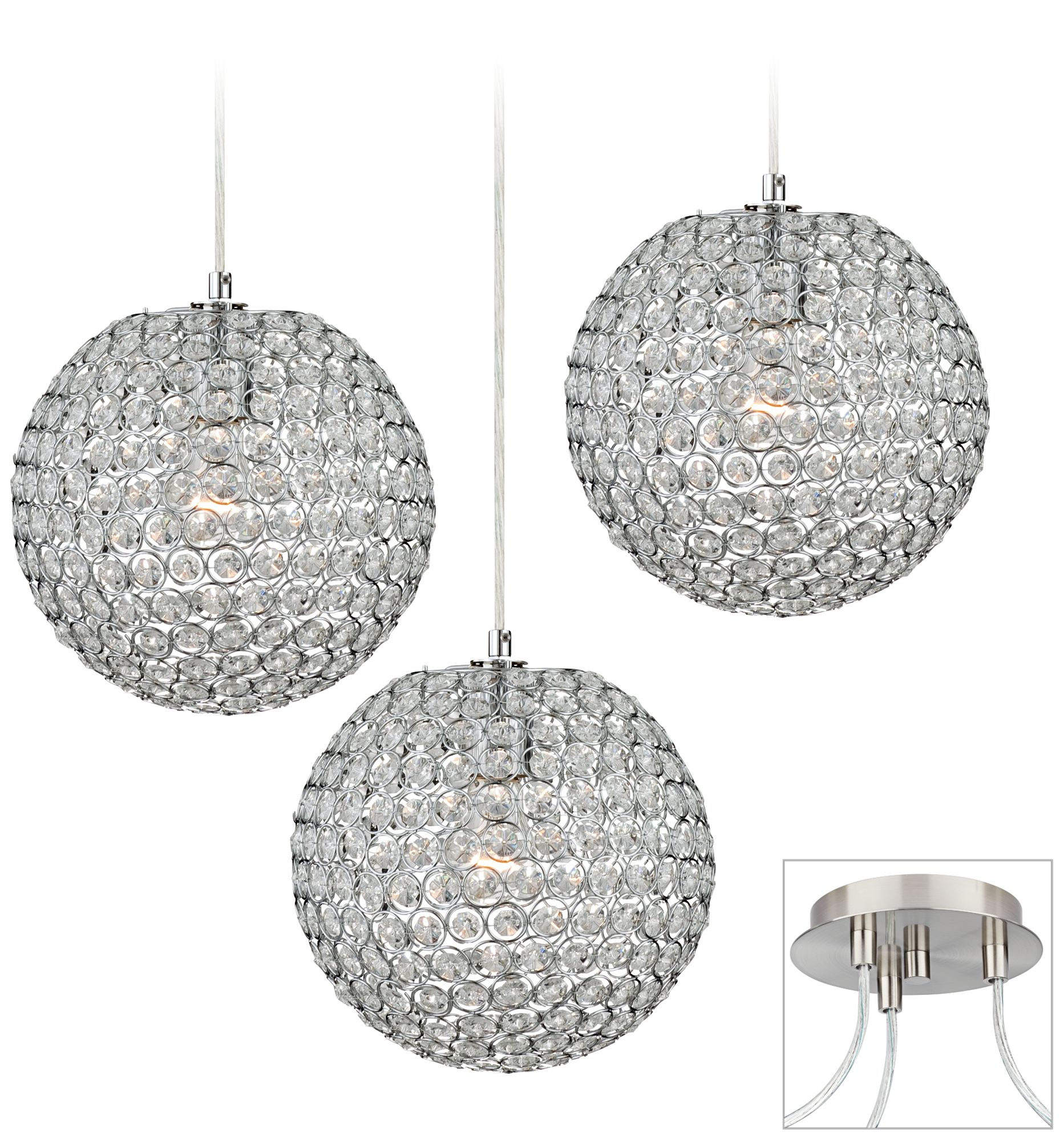 Crystal Beaded Brushed Nickel Triple Multi Light Pendant