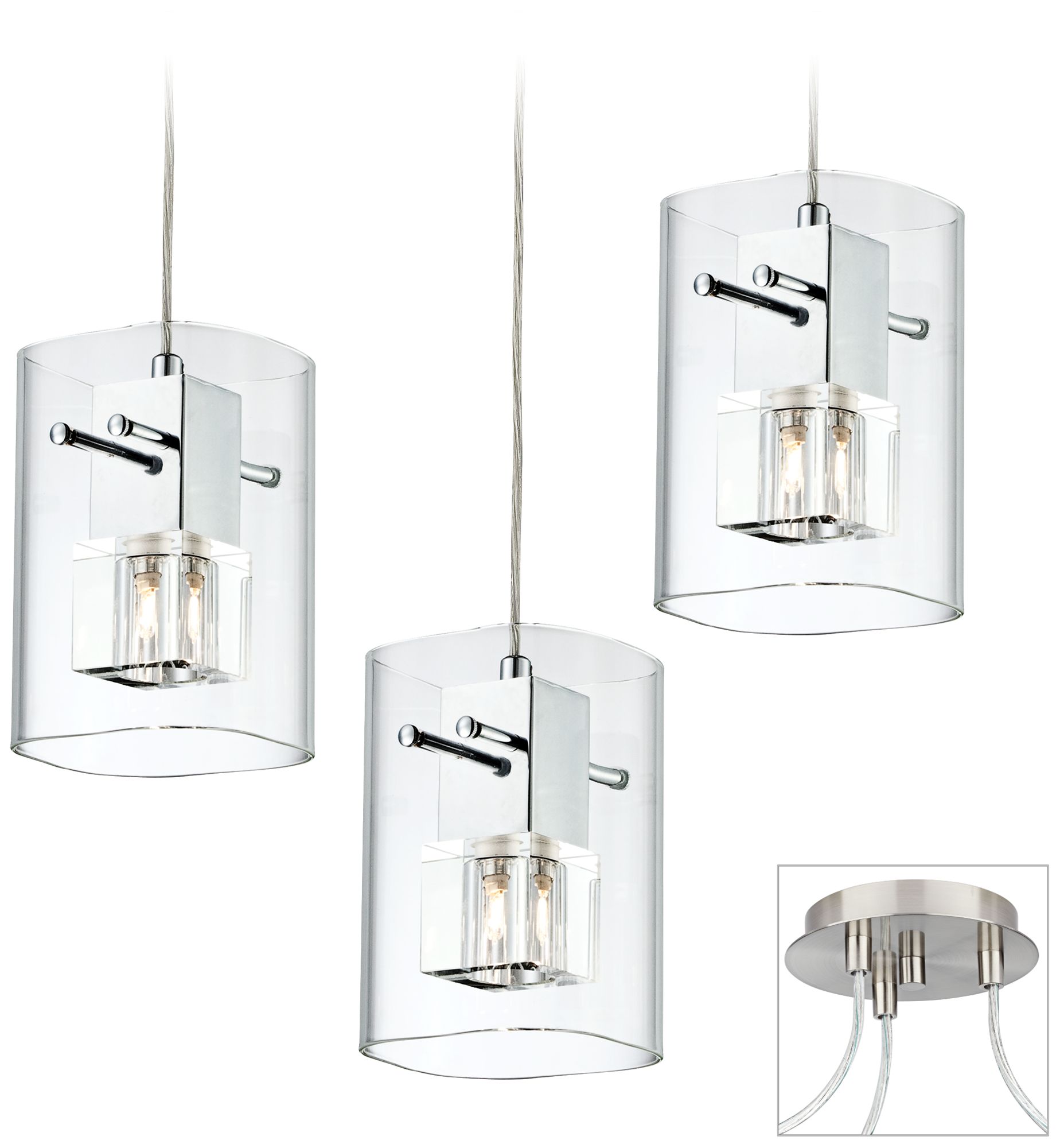 Square Glass Brushed Nickel Triple Multi Light Pendant