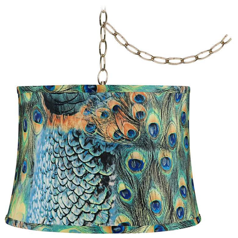 Peacock Print 16&quot; Wide Antique Brass Plug-In Swag Chandelier