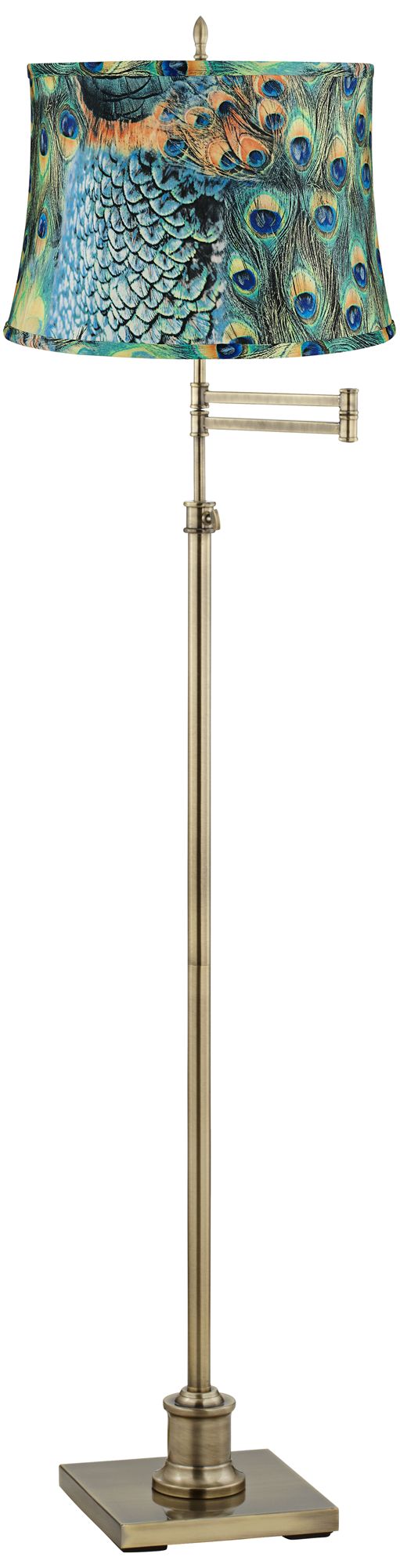 Westbury Peacock Print Shade Brass Swing Arm Floor Lamp