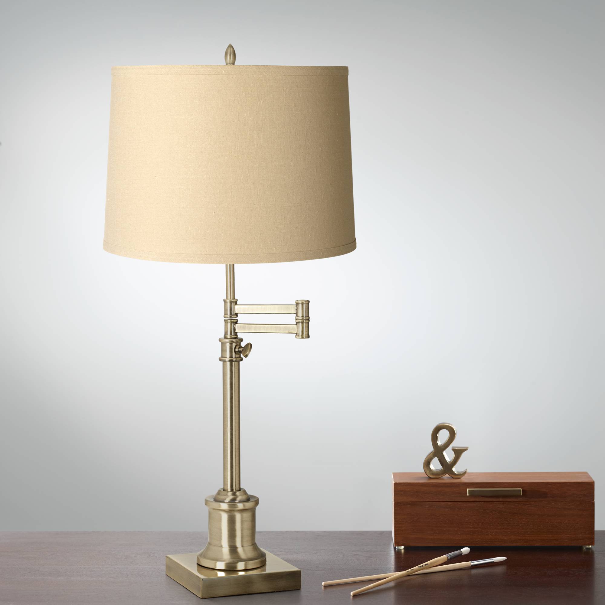 Details About Swing Arm Desk Table Lamp Antique Brass Taupe Shade For Living Room Bedroom