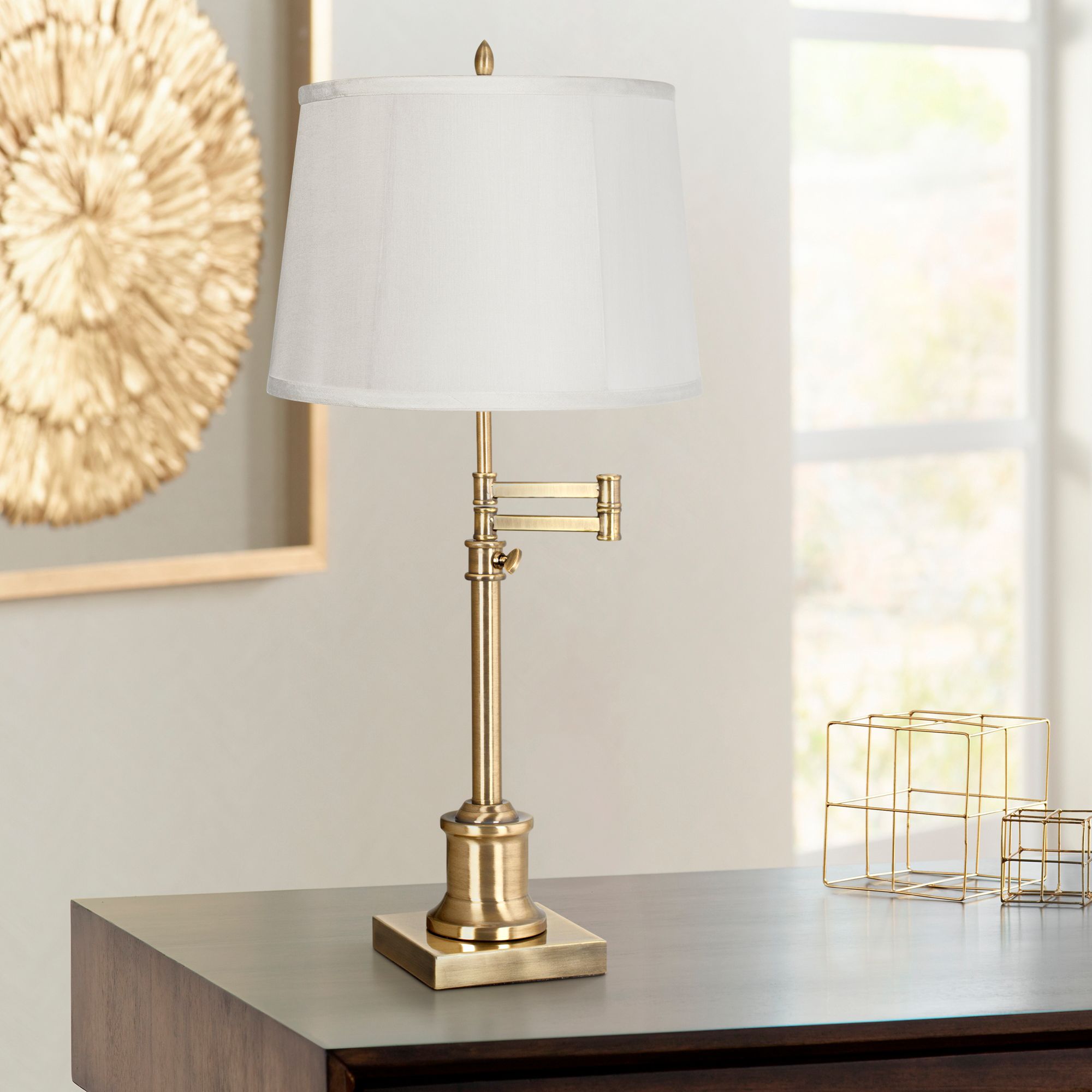 Details About Swing Arm Desk Table Lamp Antique Brass Beige Shade For Bedroom Bedside Office