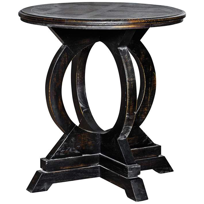 Maiva 24 Wide Weathered Black Wood, Black Round Pedestal Entry Table