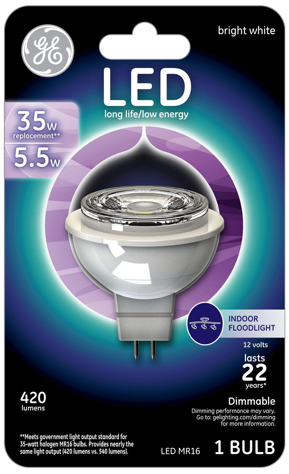 35W Equivalent White GE 5.5W LED Dimmable Bi-Pin MR16