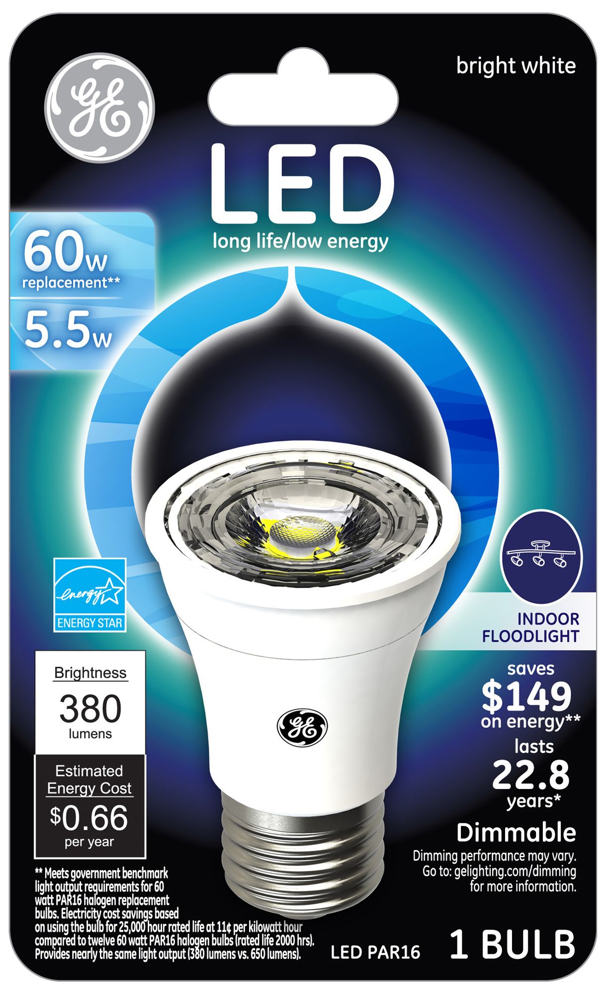 60 Watt Equivalent GE 5.5 LED Dimmable Standard PAR16