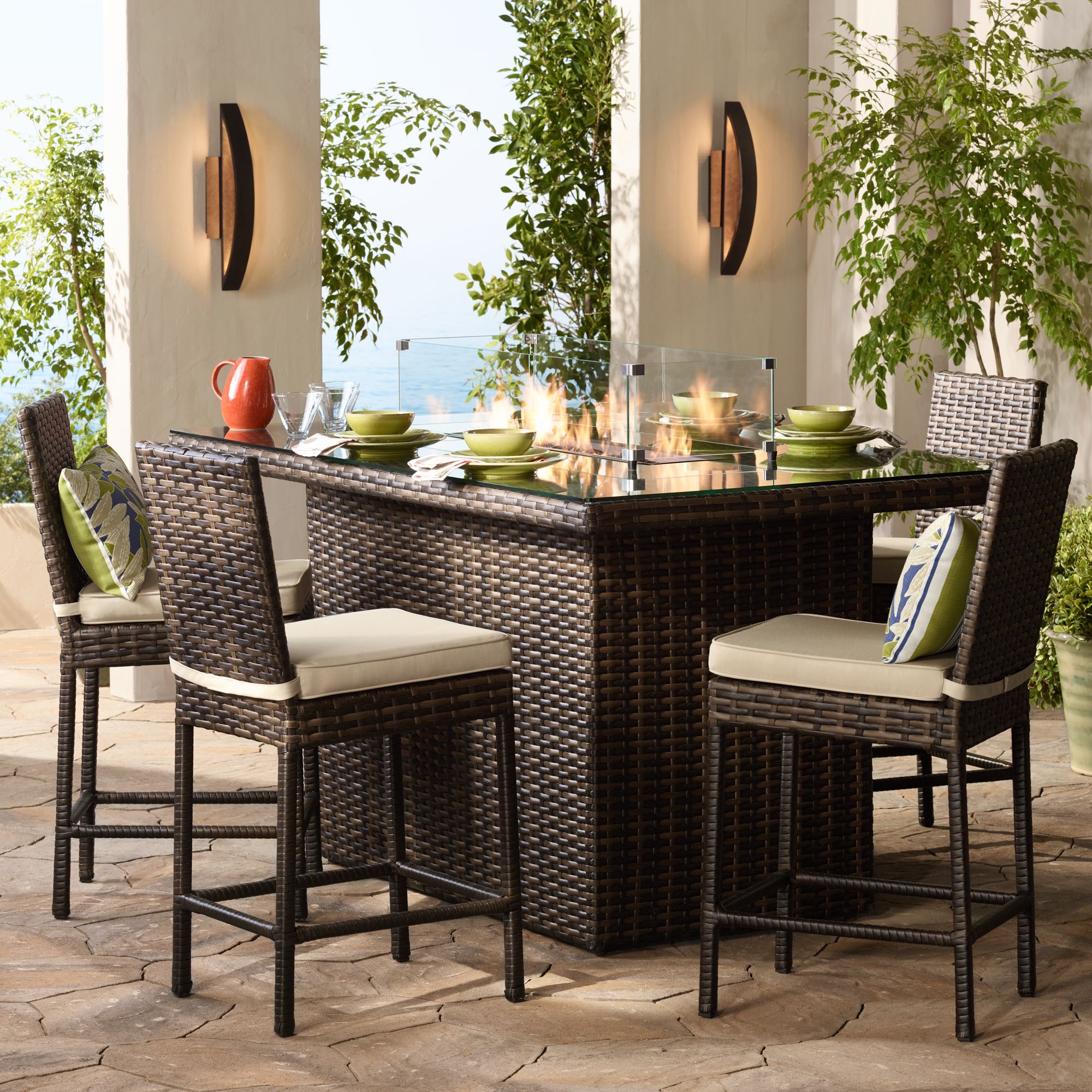 Elements 72" Wide Outdoor Weave Glass-Top Fire Table