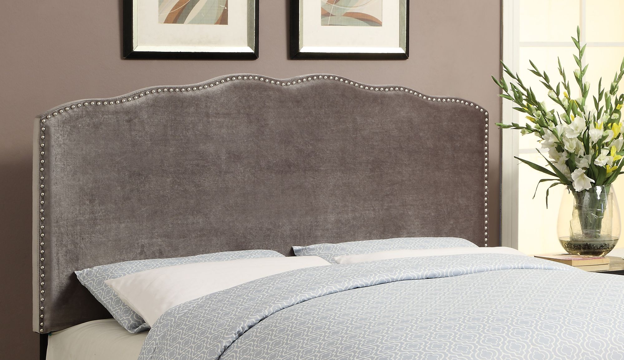 Berkley Silver Shimmer Velvet Upholstered Queen Headboard