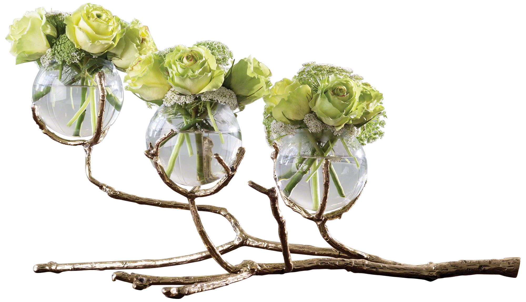 Twig 24" Wide Cast Brass Holder with 3-Clear Glass Bud Vases