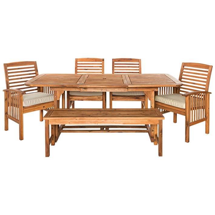 Blake Brown Acacia 6 Piece Patio Dining Set With Cushions 1w153 Lamps Plus - Outdoor Patio Dining Set With Bench