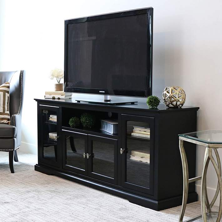 Cass 70 Wide Black Wood 4 Door Tv Stand With Glass Doors