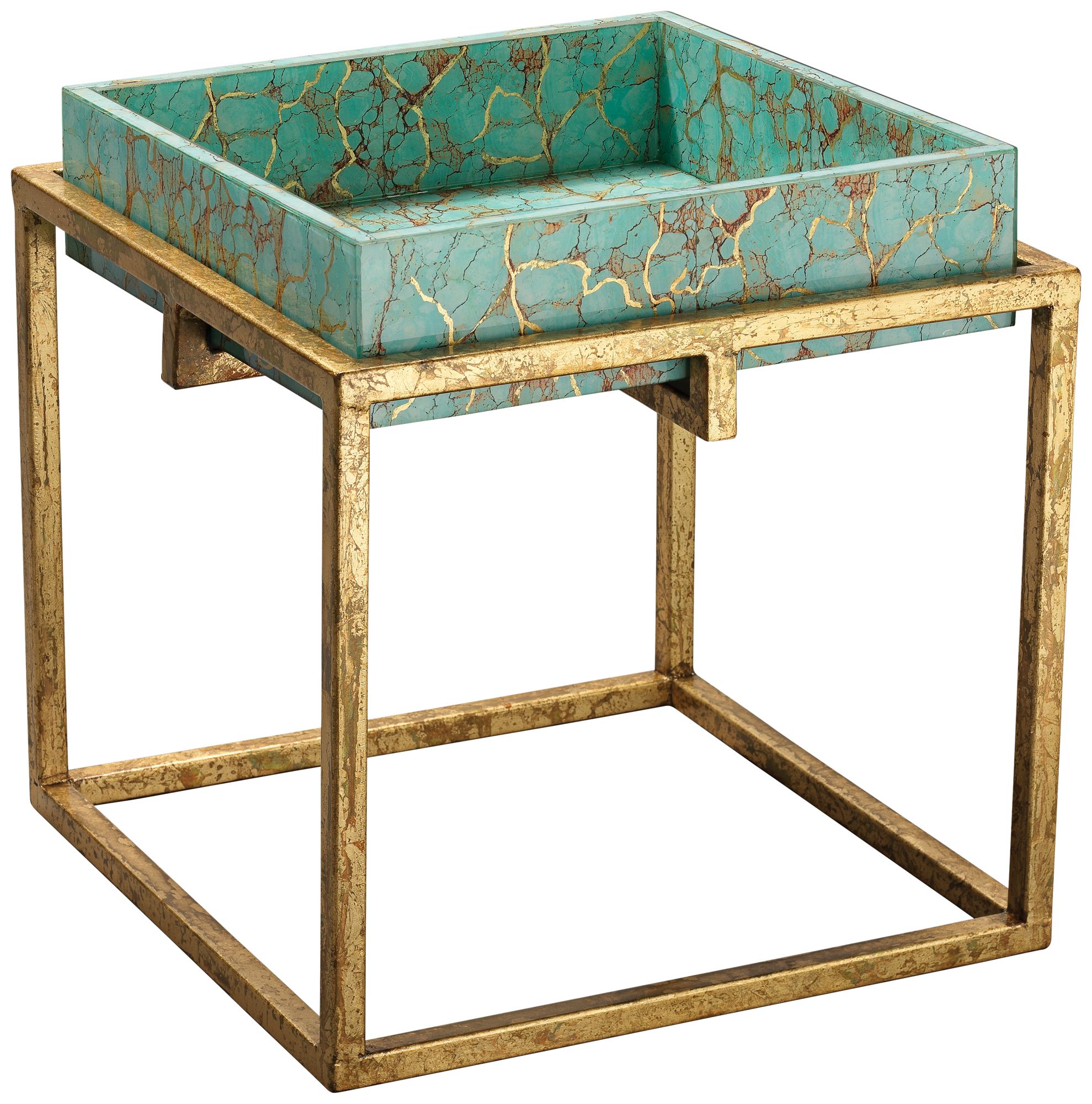 Shelby 18" Wide Turquoise Blue Gold Leaf Accent Table