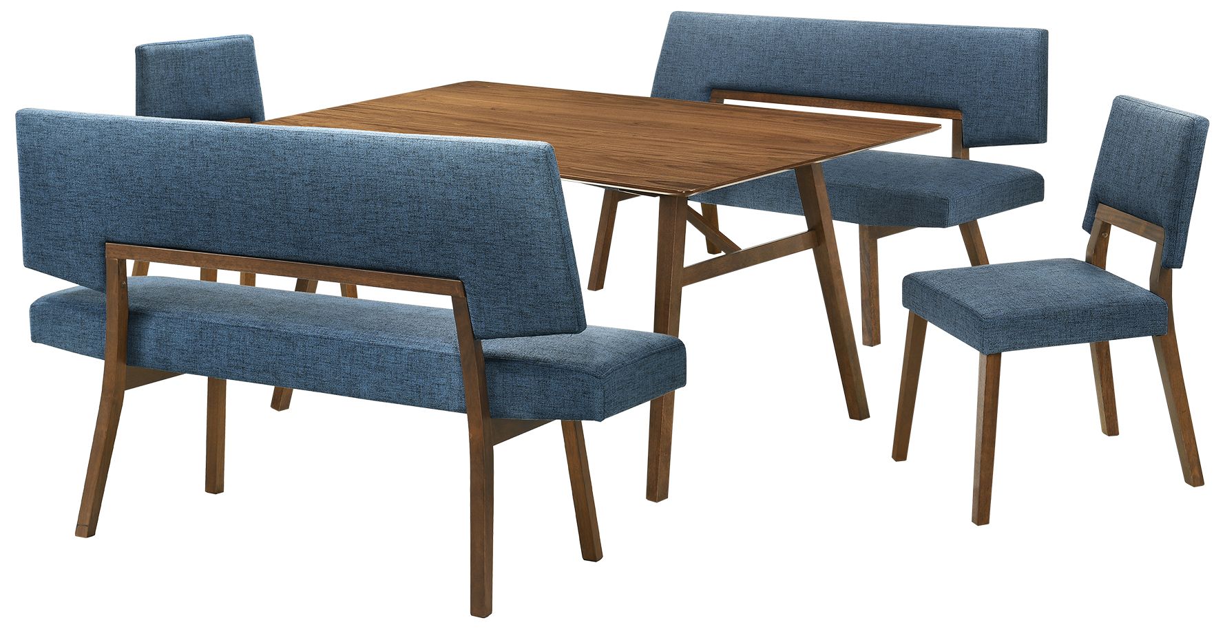 Channell 5 Piece Dining Table Set with Benches in Walnut Wood, Blue Fabric