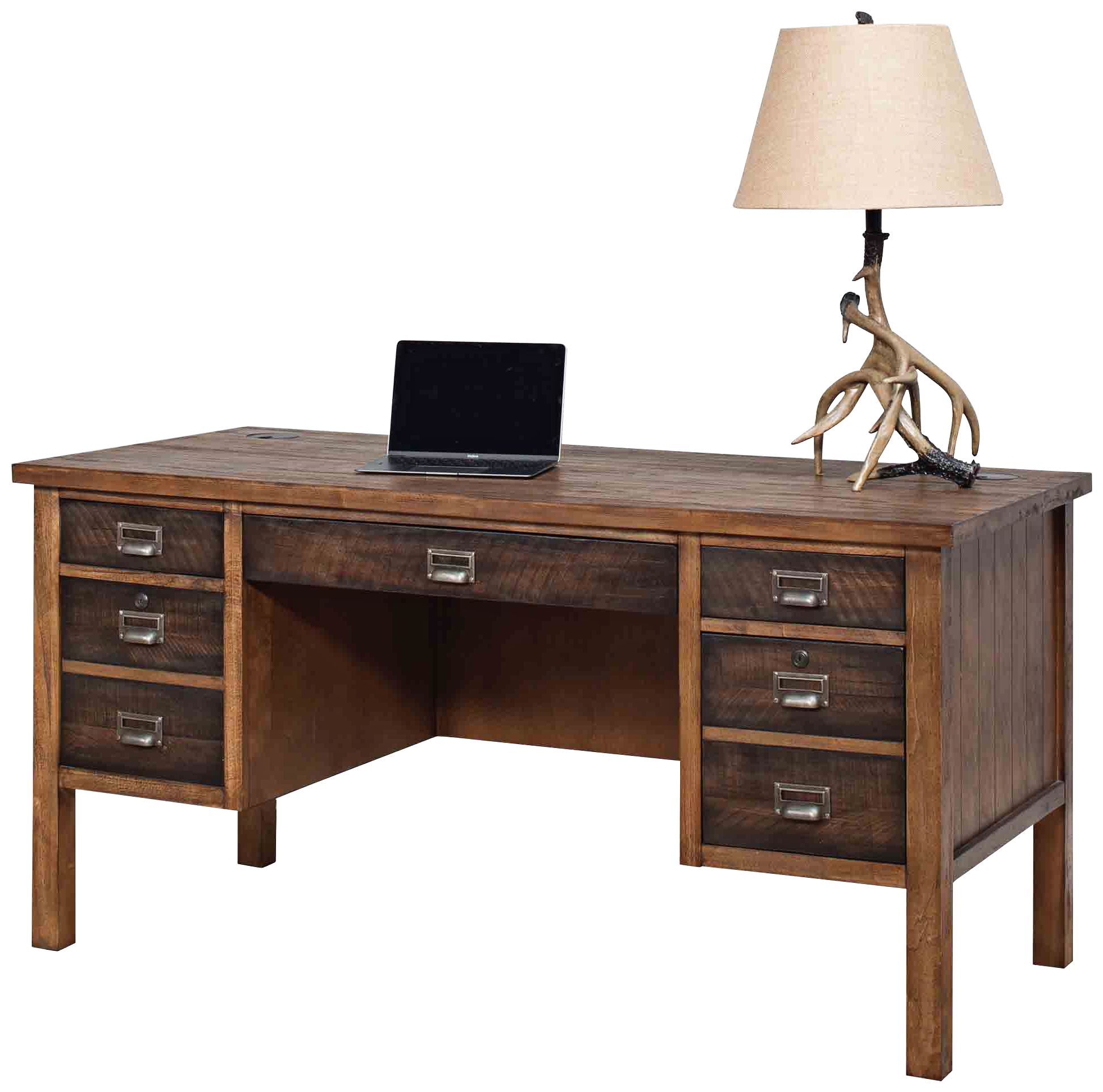 Heritage 60" Wide Hickory Wood 5-Drawer Pedestal Desk
