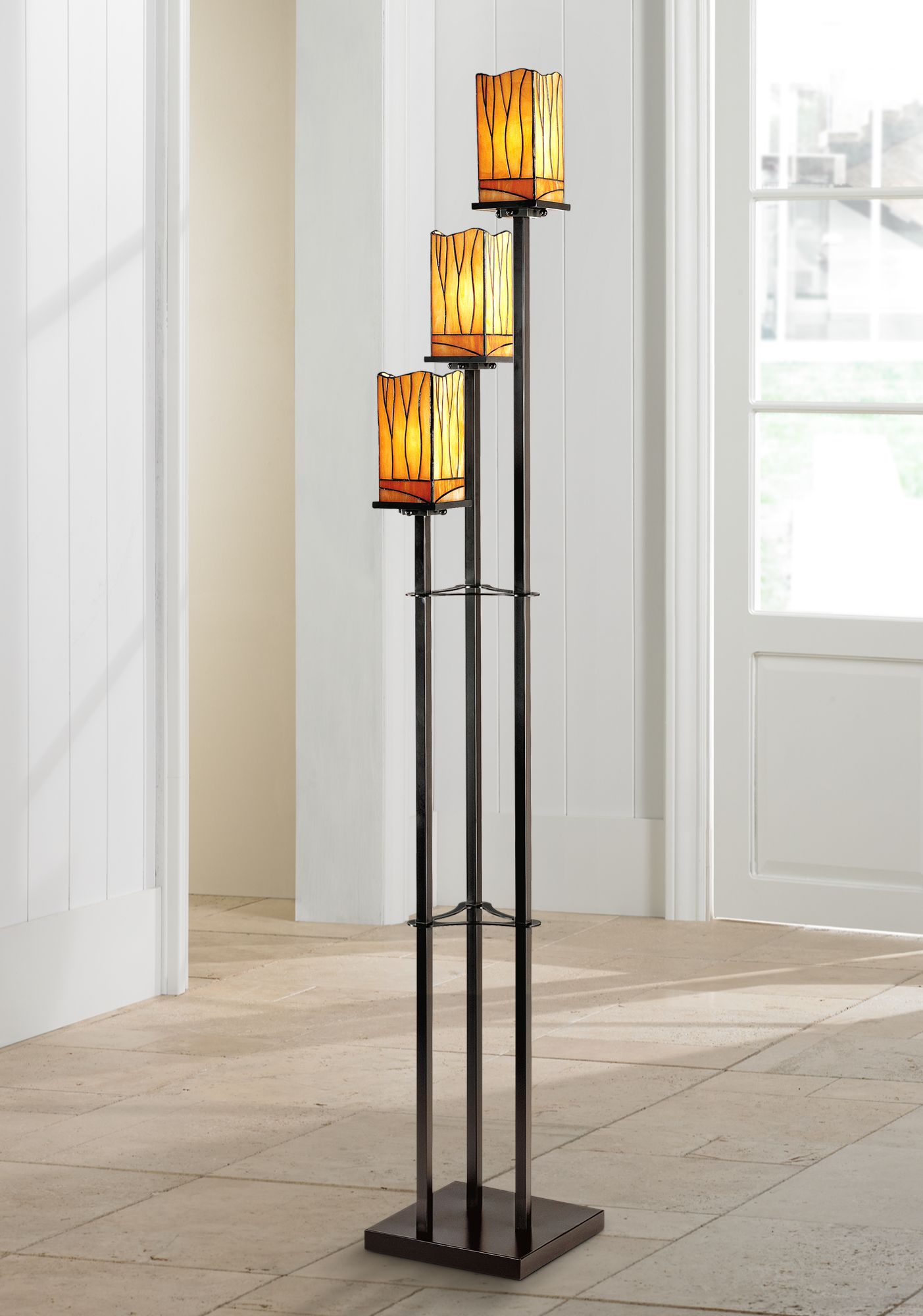 Traditional Floor Lamp 3Light Oiled Bronze Amber Seedy Glass For