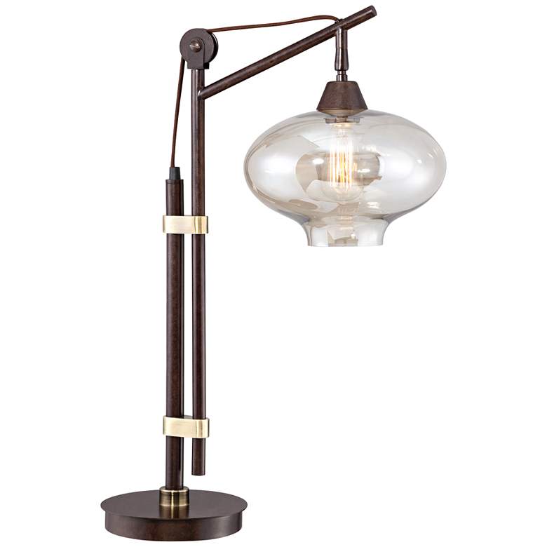 Calyx Cognac Glass Industrial Bronze Desk Lamp with USB Dimmer