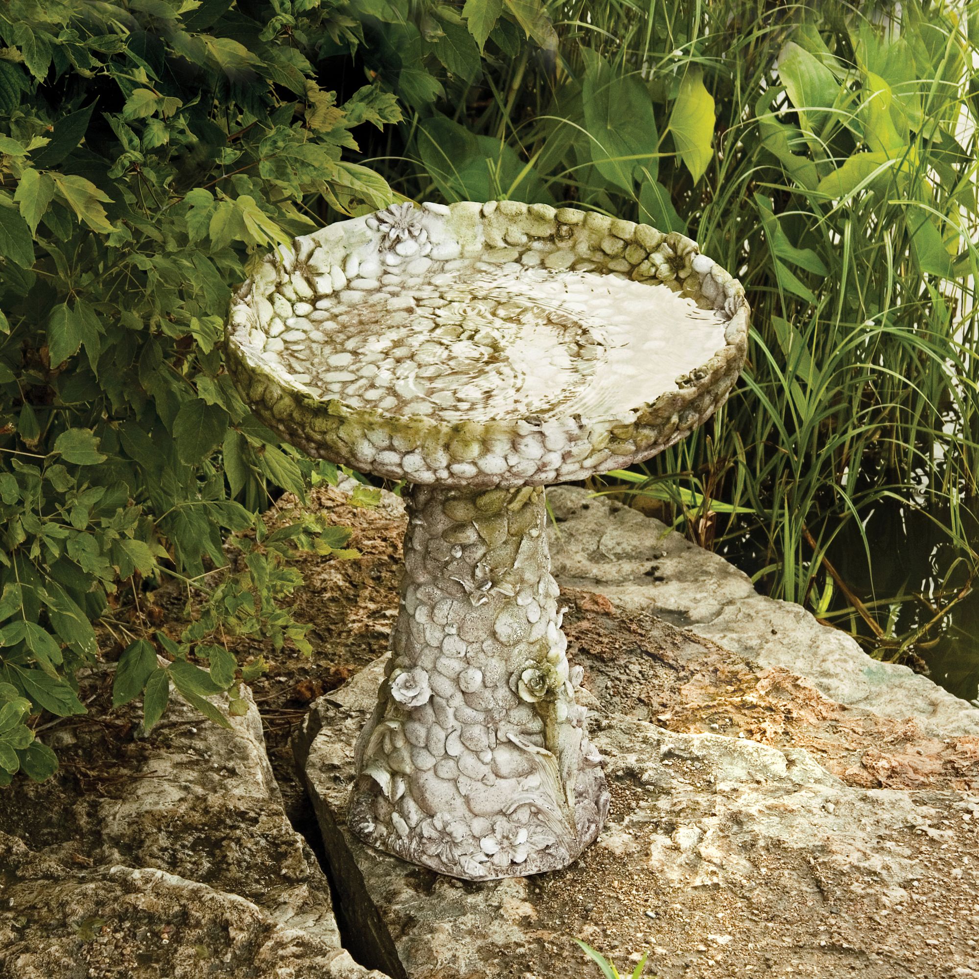 Stone and Flower 22" High White Moss Outdoor Bird Bath
