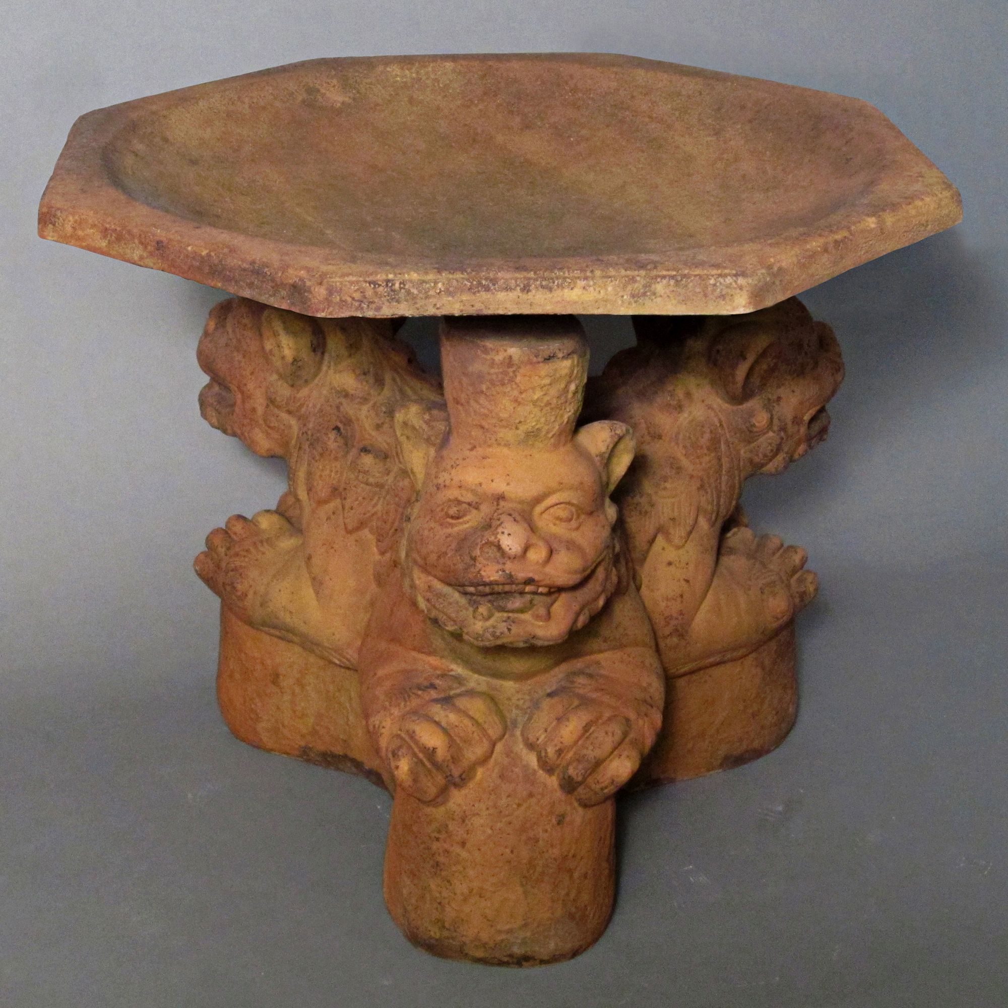 Three Foo Dogs 20" High Sandstone Outdoor Bird Bath