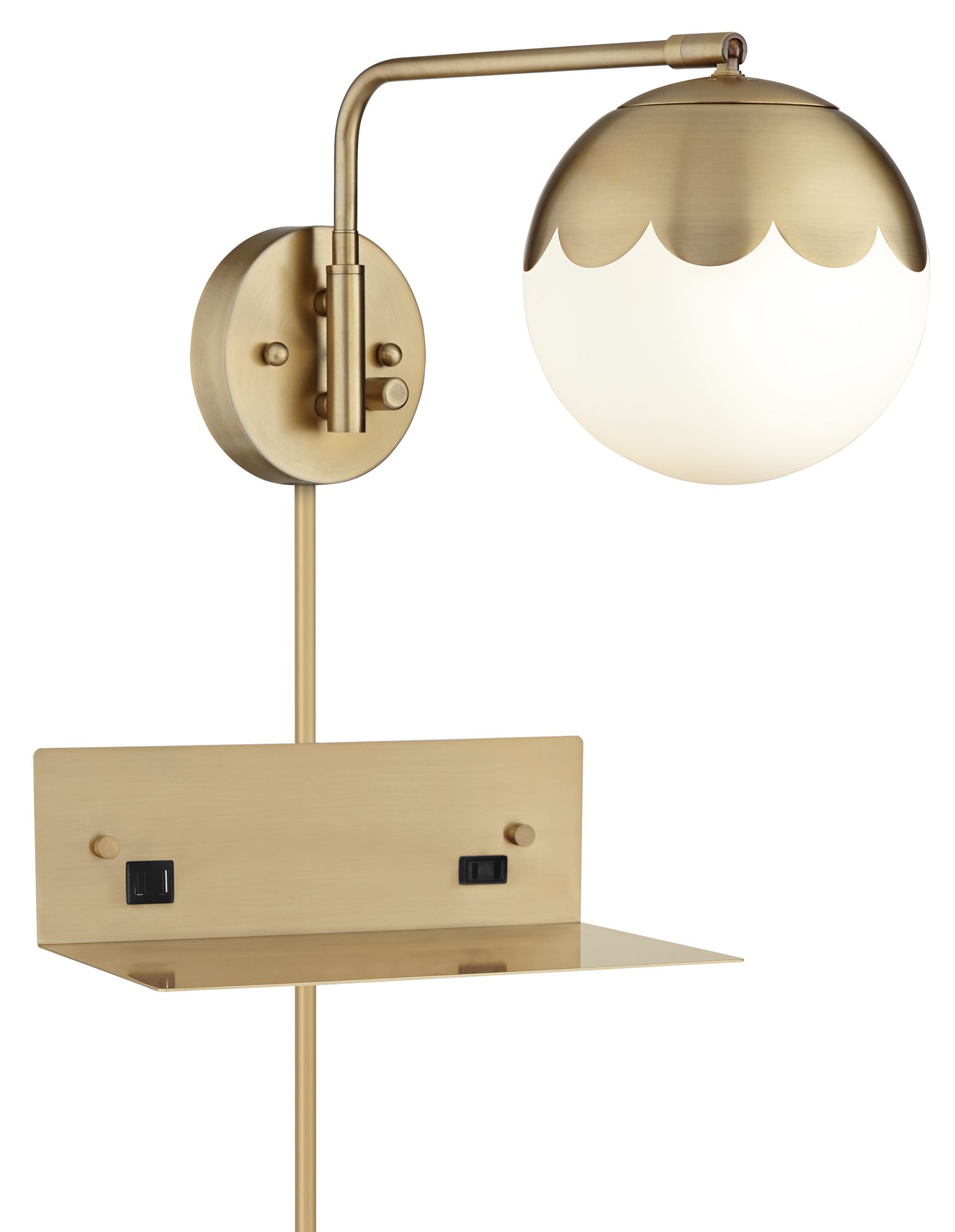 Kelowna Brass and Glass Swing Arm PlugIn Wall Lamp with USBOutlet