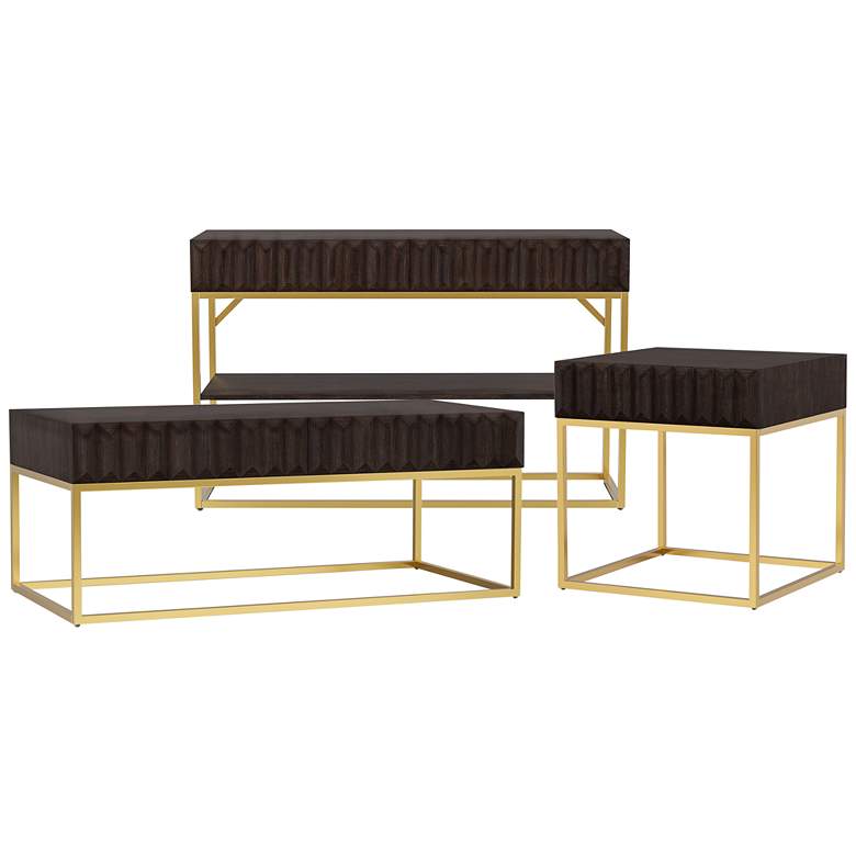 Gilhame Walnut Wood and Gold Metal 3-Piece Coffee Tables Set