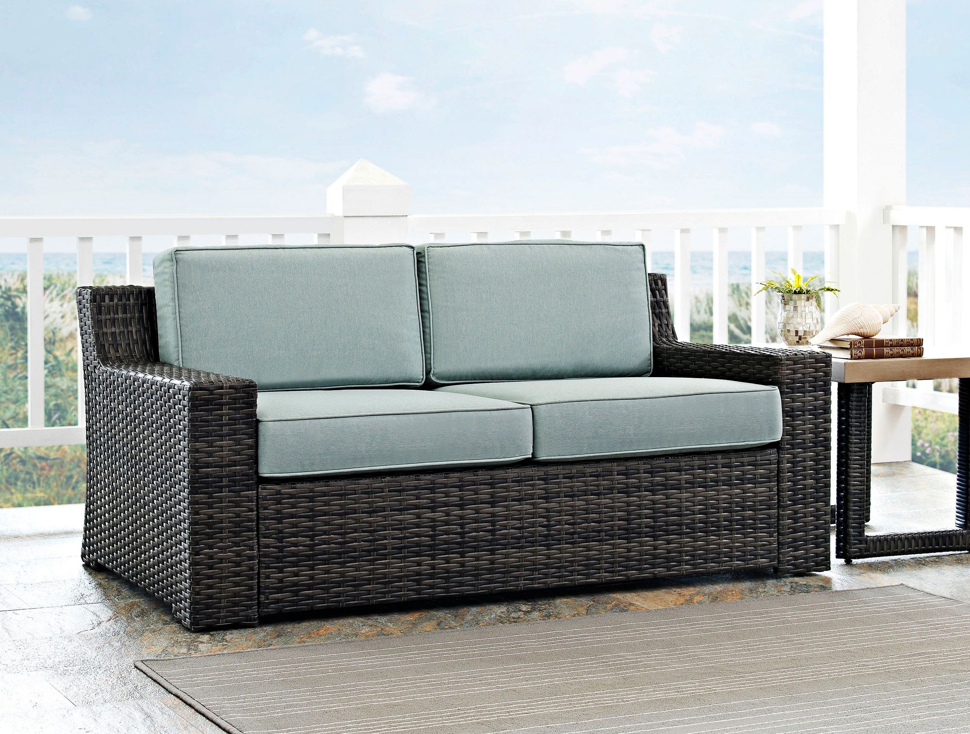 Beaufort Mist Light Blue and Brown Wicker Outdoor Loveseat