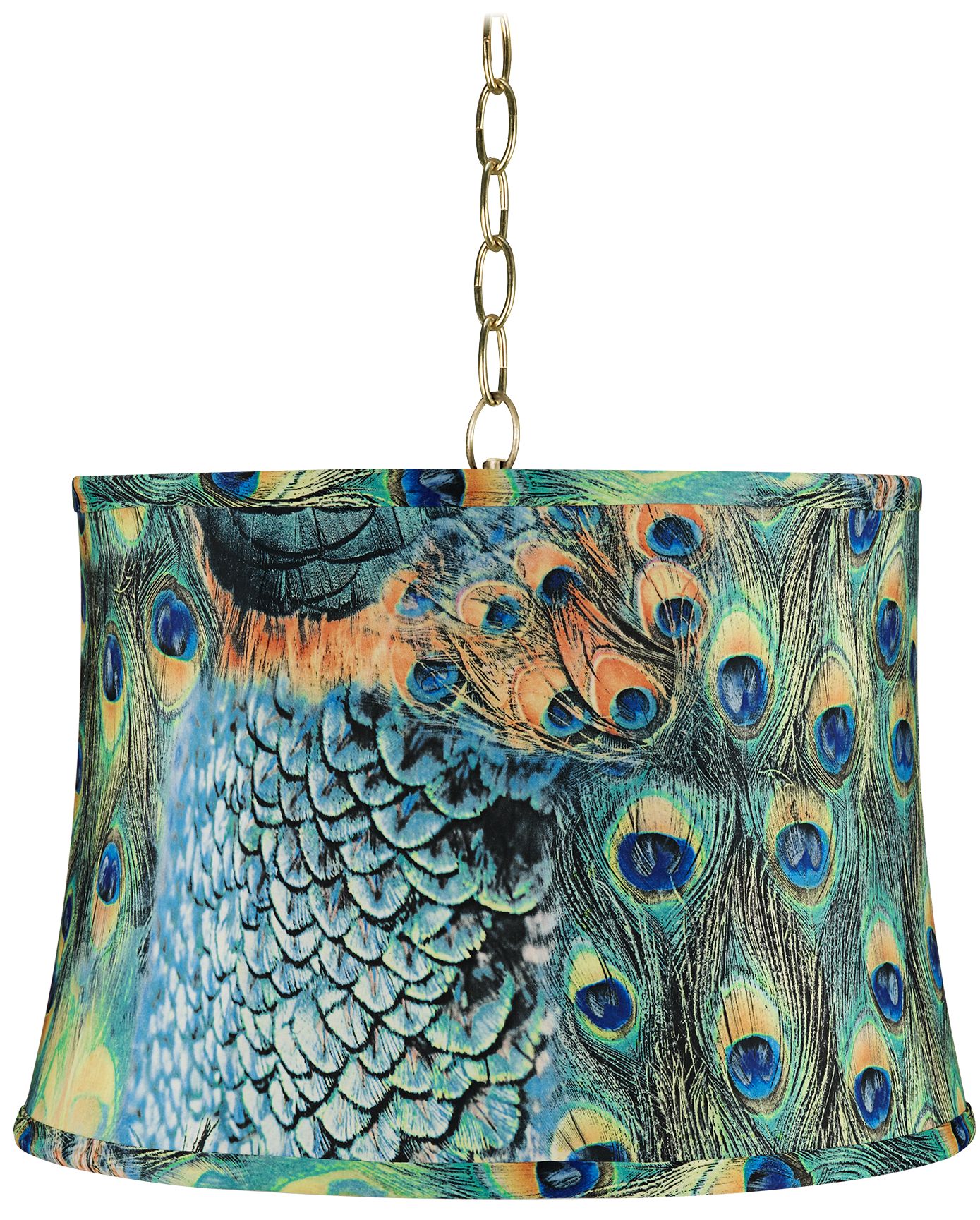 Peacock Print 16" Wide Antique Brass Shaded Pendant Light