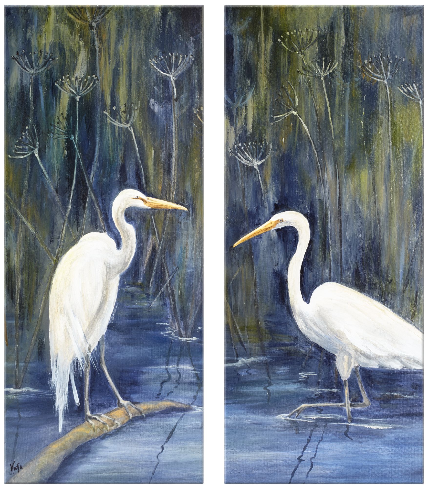 Cranes 17 1/2" x42" Giclee Print Diptych Wall Art