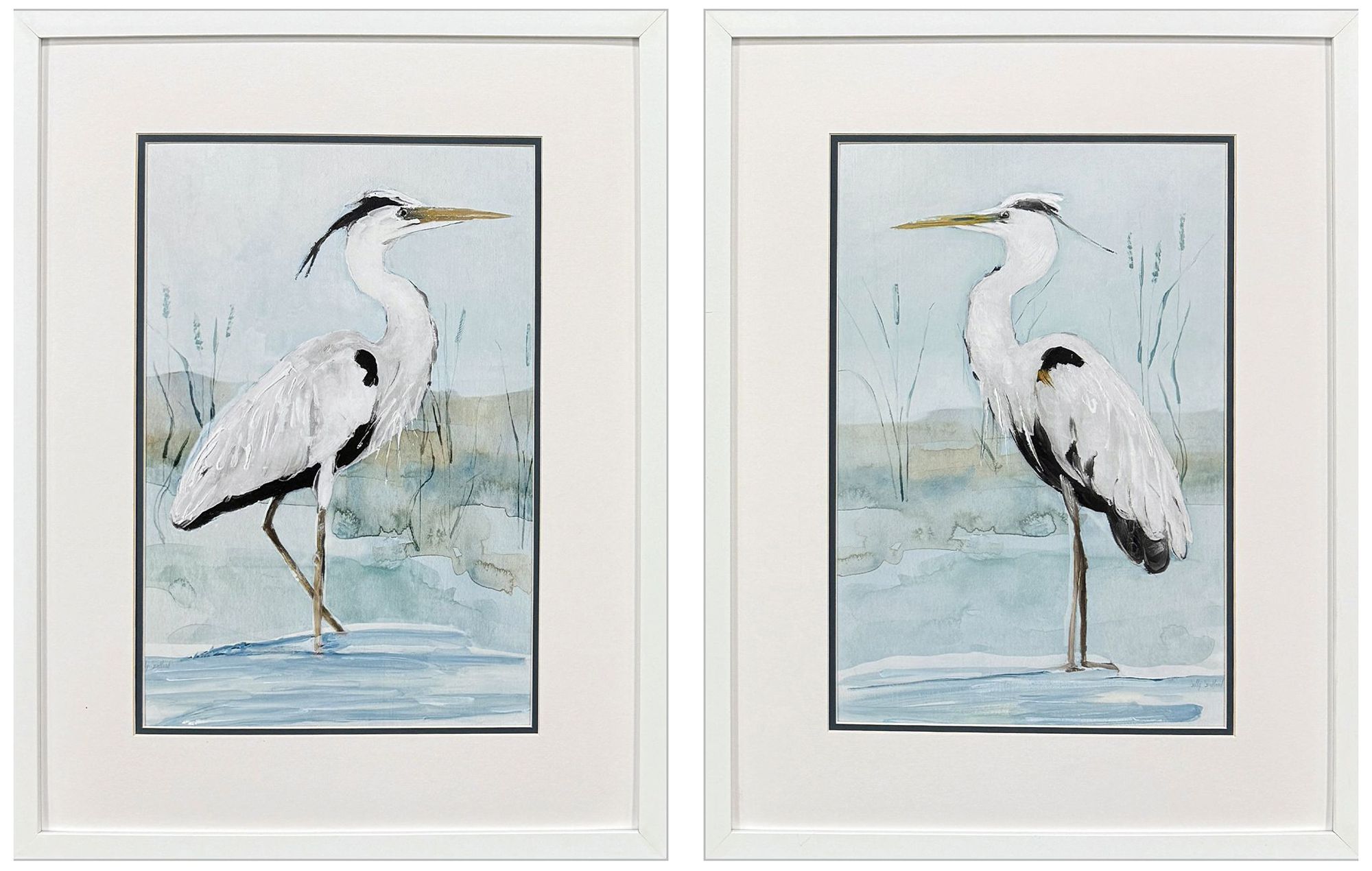 Paragon Heron On Blue 19"w X 25"h Coastal Framed Art Set Of 2