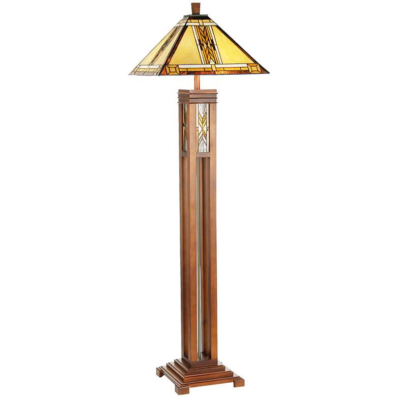 Image 2 Walnut Mission Tiffany Style Floor Lamp with Night Light