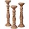 Howard Elliott Carved Aged Wood Pillar Candle Holder Set