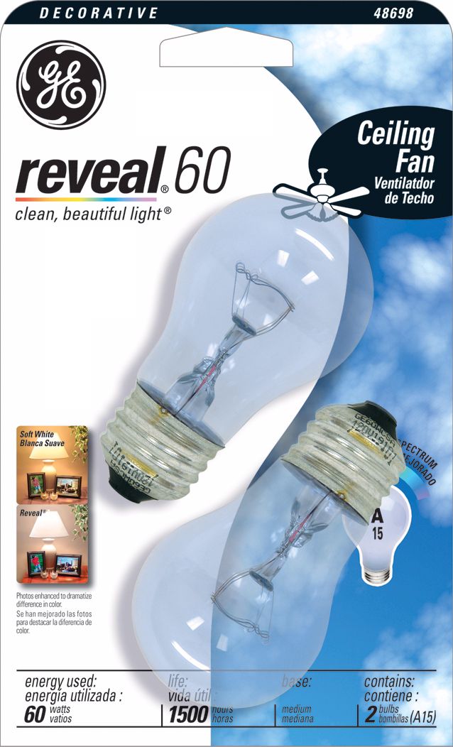 GE Reveal 60 Watt Ceiling Fan 2-Pack Clear Light Bulbs