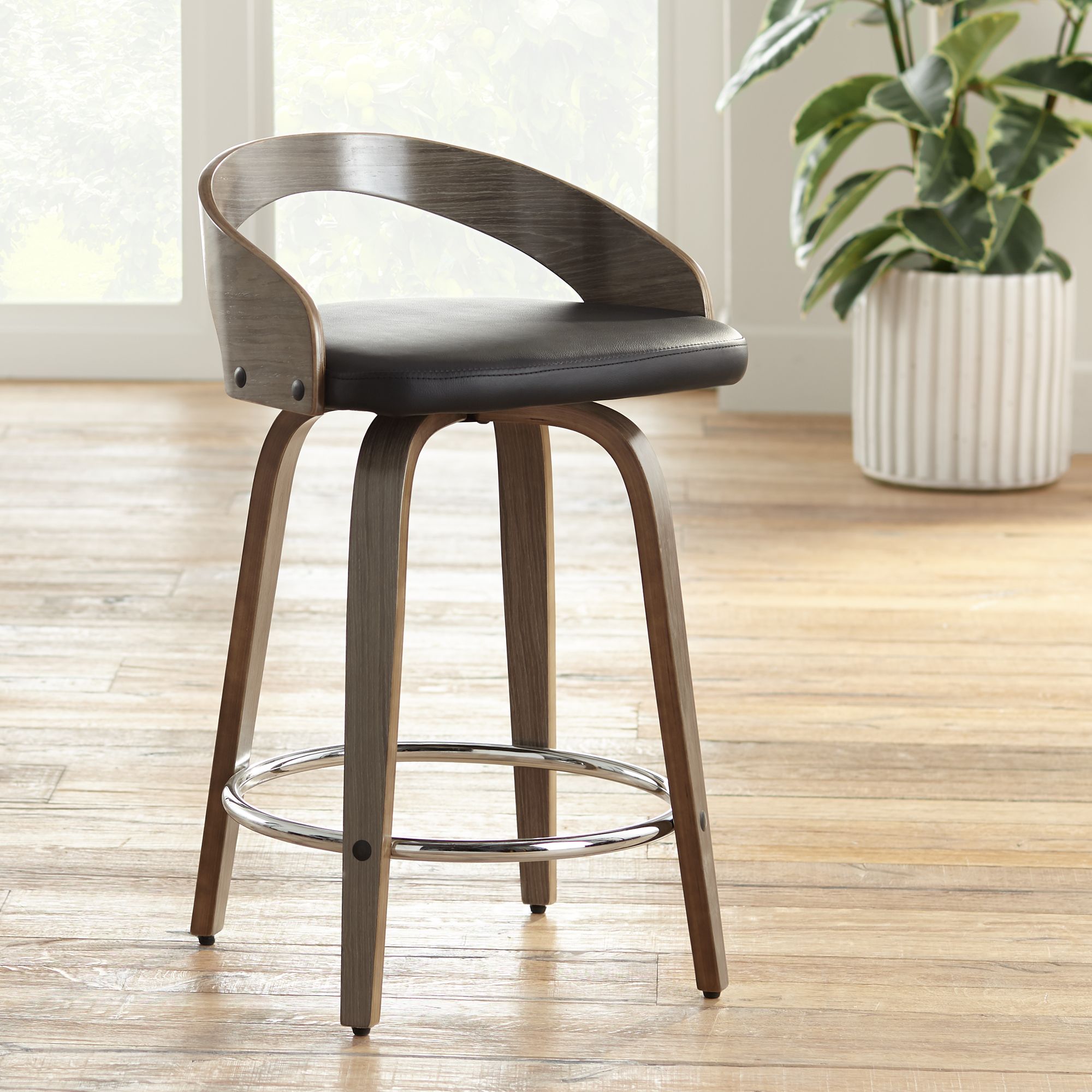 Gratto 24 Black Faux Leather Gray Wood Swivel Counter Stool Ebay