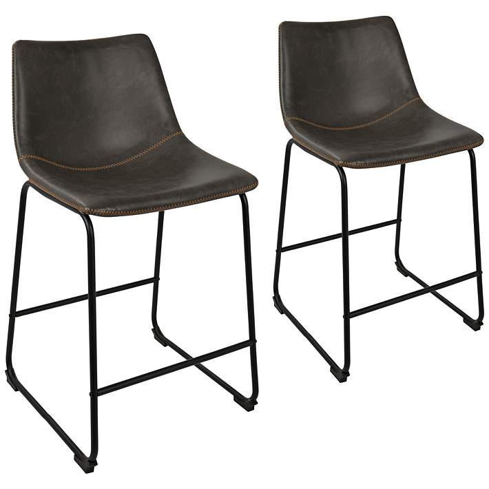 Gray Faux Leather Counter Stools Set, Black Metal And Leather Counter Stools